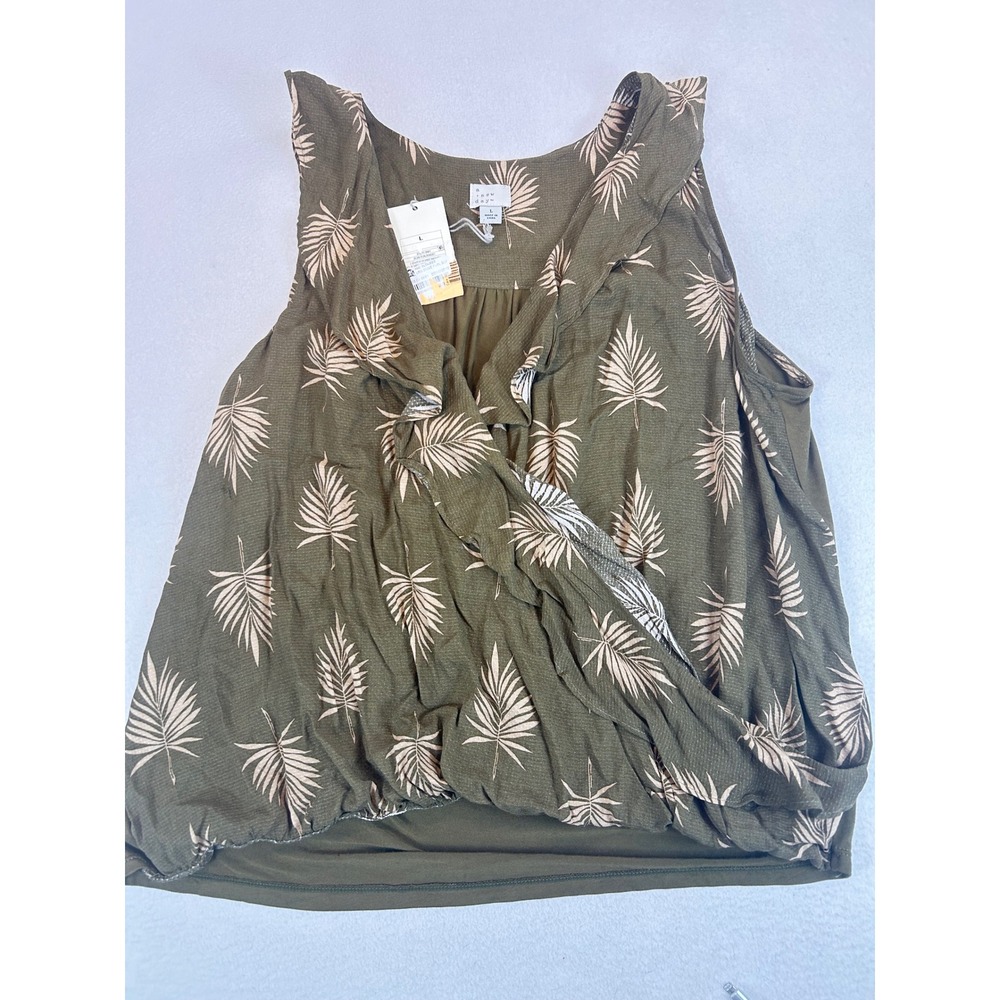 A New Day Sleeveless Wrap Top Womens Large Olive Green Tropical Palm Leaf Print